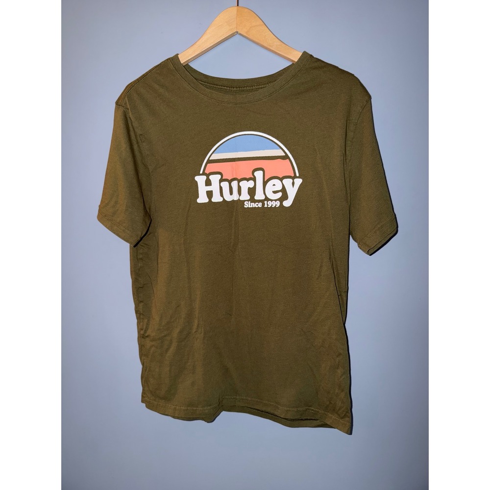 Hurley Mens Graphic T-Shirt Olive Green Retro Logo Surf Short Sleeve Size Medium